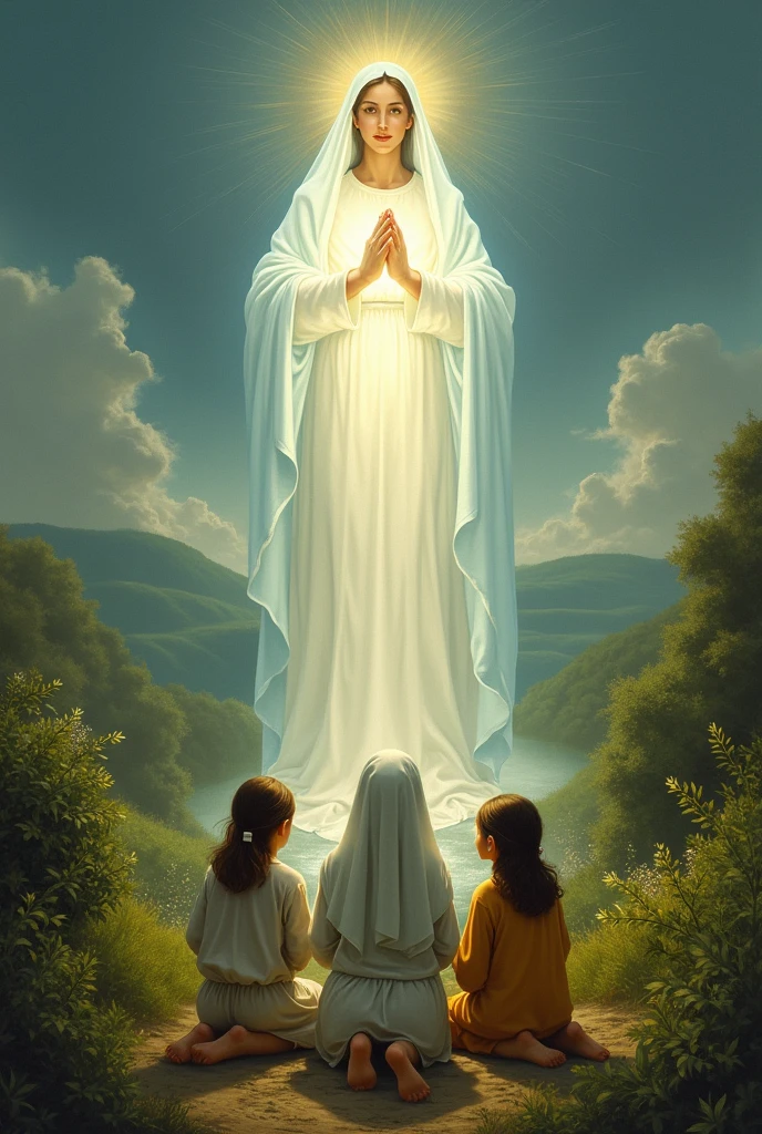 Create an image of the apparition of the Virgin Mary in Fatima, Portugal in 1917, Three Little Shepherds, Lucia dos Santos, Francisco and Jacinta Marto, They claimed to have seen the Virgin Mary on six occasions between May and October of that year.. The apparitions took place in the Cova da Iria, a small village near Fatima.