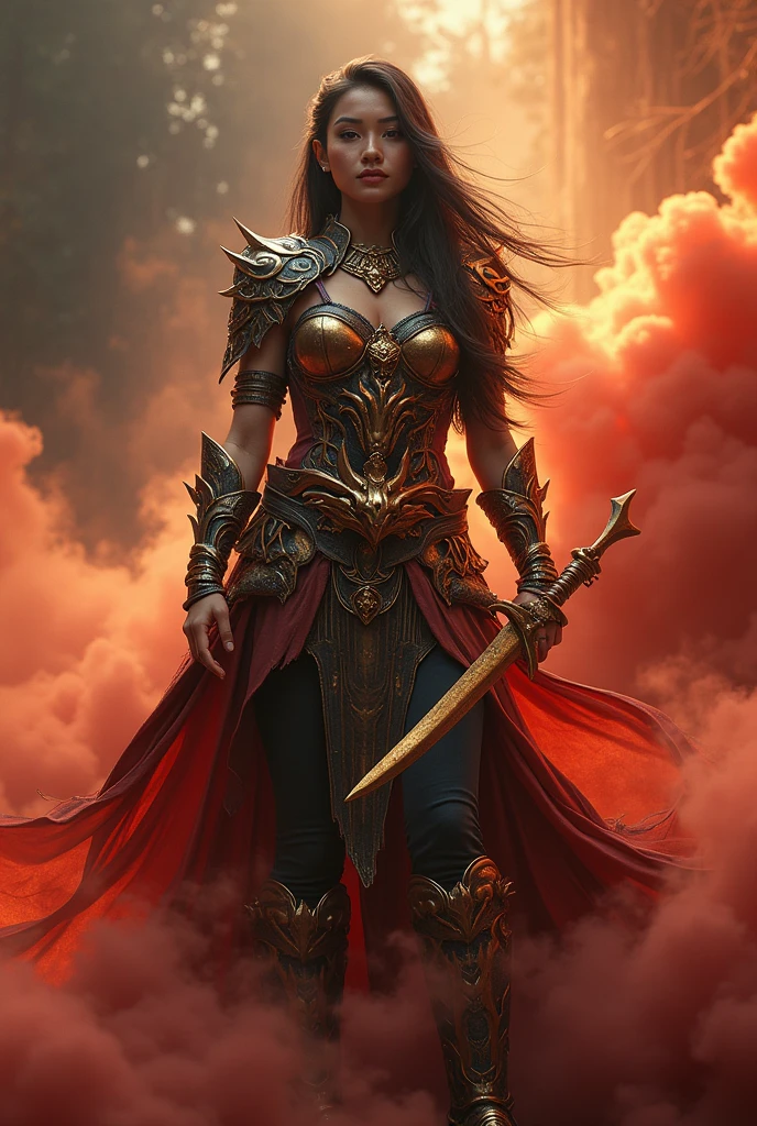 A captivating 3D rendering of a 20-year-old Filipina warrior as the central figure, exuding strength and beauty. She dons an exquisite outfit adorned with intricate armor, proudly displaying the ((Vip Torales Midia)) heavy metal band logo. The gold, fantasy-themed logo features sharp jagged edges and a captivating light source reflection. Surrounding the warrior is an intense, swirling smoke effect, adding to the grand scale and dramatic atmosphere. The scene transports viewers into an immersive game fantasy world, blending the fierce and powerful essence of the band with visually striking elements.