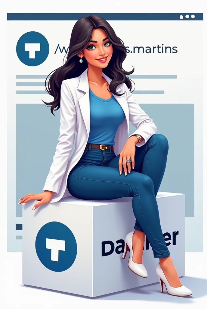2. Take command: Create a madieng 30 illustration of a character (Female One ) (curtain) (ssmile), (smooth ass ), (blackw ), (extra details like accessories, etc), sitting casually on top of a pharmacy logo "traverser". The character must use (blue clothes underneath and white coat on top). The background of the image is a social network profile page with the username aTr "(wear. Thais Martins )" and a corresponding profile photo.