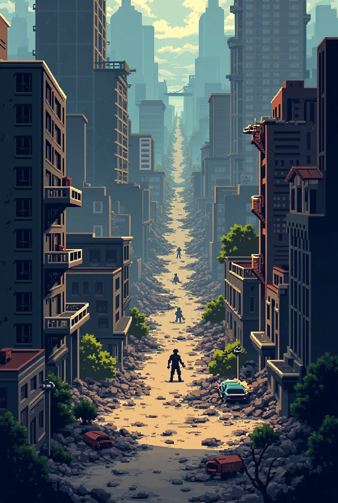 level of a video game, pixel art map of a destroyed city, Top view