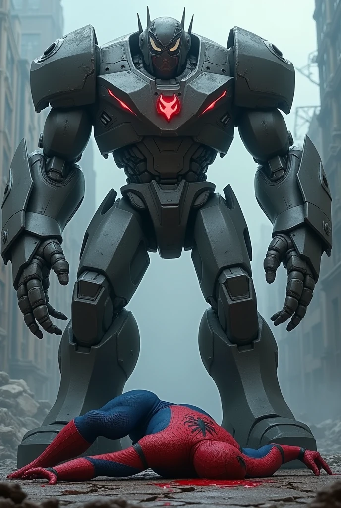 Create a dark and intense scene where the robot has pinned Spider-Man to the ground, pressing its heavy metallic foot down on Spider-Man's head. Spider-Man's mask is partially torn, and blood is visible, seeping from beneath the foot. His body is limp, showing the immense pressure being applied. The robot's design remains consistent: towering, with bulky metallic gray armor, glowing red accents, and sharp-edged limbs. The robot's glowing red eyes glare down at Spider-Man with a cold, merciless expression. The background is a cracked, debris-strewn ground under a stormy sky, enhancing the scene's brutality and tension."