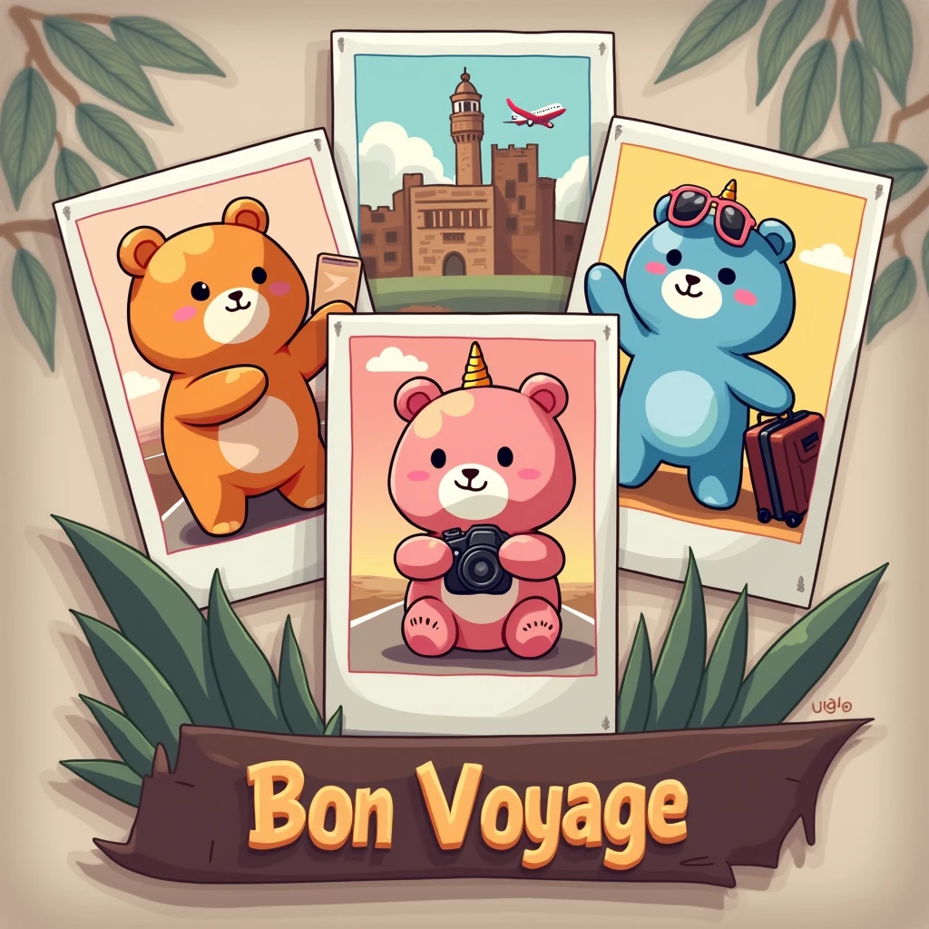 "Create a highly realistic anime illustration detailed in digital painting style, with good layout and design features. A imagem deve ser ((glad)), with good contrast, fine and delicate strokes, cute and fun, intended for the public . The illustration features three polaroid-style photos, each showing a Squishmallows in different situations during a trip. Squishmallows look like teddy bears: in the first photo, um Squishmallows raposa laranja glad tirando uma foto em frente a um famoso ponto turístico; In the second photo, a blue unicorn Squishmallows with big round eyes carrying a suitcase at an airport; and in the third photo, um Squishmallows tartaruga glad usando óculos de sol enquanto relaxa em uma praia tropical. The photos are random, portraying different places and travel situations. The art, Em geral, presents a distribution that resembles shirt prints, avoiding a rectangular shape. Below this scene, there is text that says 'Bon Voyage' in a stylized font that suggests a vibe of adventure and exploration. The font color transitions from pink at the top to yellow at the bottom, imitating a sunset. This image evokes nostalgia for travel and adventure, symbolizing freedom and leisure." add icons like map, plane , compass. and leave the ""white background""