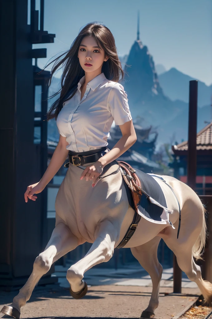 1 woman Thai university uniform:1.4, gorgeous face, black long straight messy hair, black tight slit mini skirt, slim and perfect figure, medium breasts, emphasize on breasts and hip and rhigh and bottoms, rule of thirds, extremely white undersize short-sleeve button up shirt, brown suede belt, white sneakers, silver plain rectangle plate belt buckle, silver shirt buttons, dynamic compositions, slender, beautiful eyes, galloping very fast, in the colorful eden, beautiful blue sky, best quality, high resolution, 32k, masterpiece, cinematic lighting, motion blur, full body shot, light and shadow