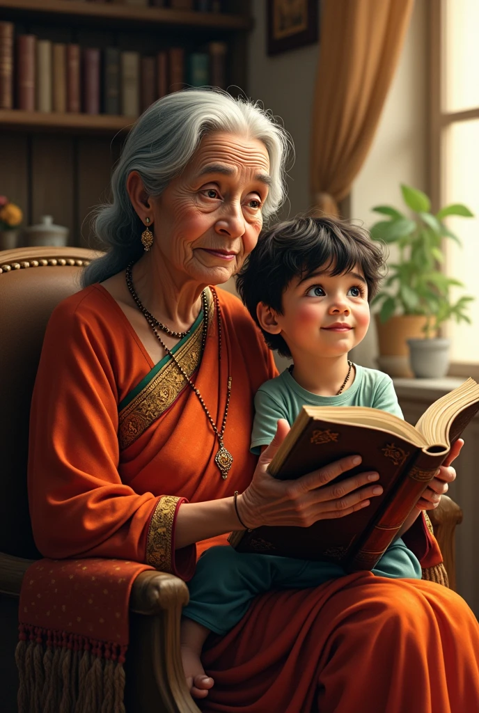 an old lady wearing a saree sitting and reading stories to her grandson 