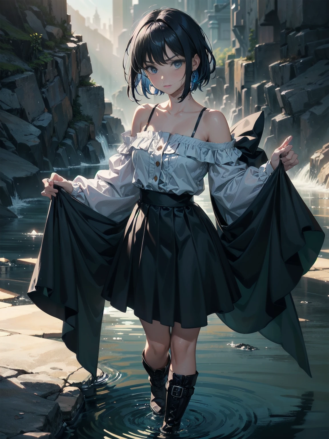 20 years old, with short dark blue hair to the shoulders, a serious yet tender expression, and bright light blue eyes. She dresses in an antique style, wearing a long dark blue skirt that reaches her knees, and small dark brown boots up to her ankles. Her white blouse is long-sleeved, covering her fingers slightly, and falls off one shoulder, leaving it exposed. She possesses water powers and has a water-themed background. 8k, high quality, full body, (ultra-realistic), {extremely detailed 8k CG unit wallpaper}, expansive landscape photograph, (light: 2.0), (warm light source: 1.5), complex details, (atmospheric lighting), surreal, impressive, fantasy, (Solo: 1.2)