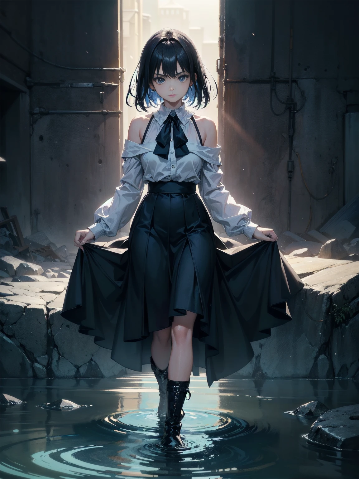 20 years old, with short dark blue hair to the shoulders, a serious yet tender expression, and bright light blue eyes. She dresses in an antique style, wearing a long dark blue skirt that reaches her knees, and small dark brown boots up to her ankles. Her white blouse is long-sleeved, covering her fingers slightly, and falls off one shoulder, leaving it exposed. She possesses water powers and has a water-themed background. 8k, high quality, full body, (ultra-realistic), {extremely detailed 8k CG unit wallpaper}, expansive landscape photograph, (light: 2.0), (warm light source: 1.5), complex details, (atmospheric lighting), surreal, impressive, fantasy, (Solo: 1.2)