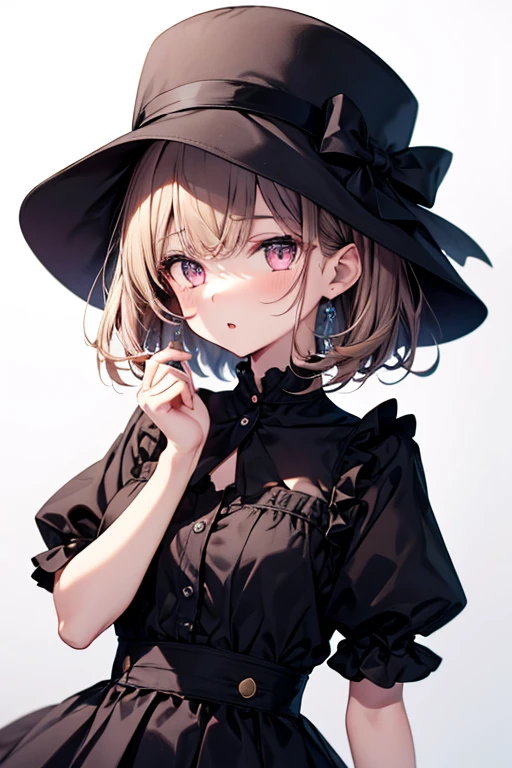 1girl,:o,black_dress,bob_cut,brown_hair,commentary_request,cowboy_shot,dress,hat,highres,looking_at_viewer,osanai_yuki,parted_lips,pink_eyes,puffy_short_sleeves,puffy_sleeves,short_hair,short_sleeves,shoushimin_series,simple_background,solo,teiku_(tokagezaurusu),twitter_username,white_background,white_hat, best quality, masterpiece, nai3