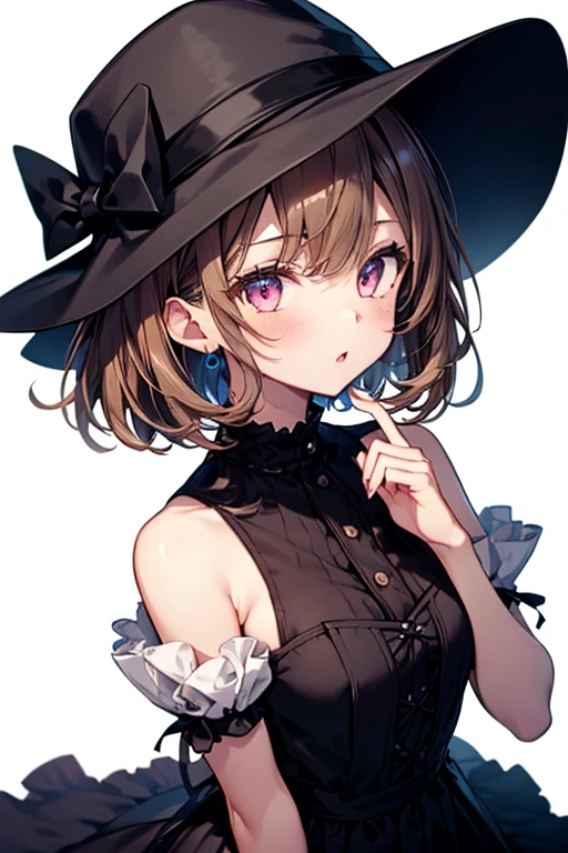 1girl,:o,black_dress,bob_cut,brown_hair,commentary_request,cowboy_shot,dress,hat,highres,looking_at_viewer,osanai_yuki,parted_lips,pink_eyes,puffy_short_sleeves,puffy_sleeves,short_hair,short_sleeves,shoushimin_series,simple_background,solo,teiku_(tokagezaurusu),twitter_username,white_background,white_hat, best quality, masterpiece, nai3