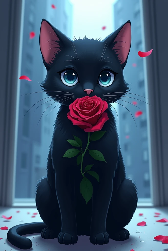 Image of fish eye view of Balck cat holding a rose in this mouth ,anime style, cool tones