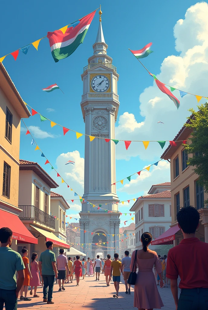 Independence Day, silver trench town clock tower, sincere greetings from BaikPhone Parit