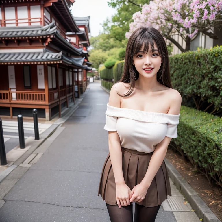 laughing out loud,2,Skirt length above knee,Penetrating black stockings,Skirt covers stockings,Wearing a white pleated skirt,(knee shot), 1 female, On the face, laughing out loud, light brown hair, blunt bangs, hair behind ears, Shoulder length hair, long hair, Slender body type, 超face slimming型, face slimming, delicate lips, beautiful eyes, Thin blush, Eyes are light brown,Check it out here, (actual:1.3), standing next to the street,The background is the Kyoto Five-Storied Pagoda, One person's perspective, 8k, Super detailed, high quality, best quality, High resolution,,Large Breasts,The breasts are H-cups, Off-shoulder tops,The breasts look big when they stick out in the clothes