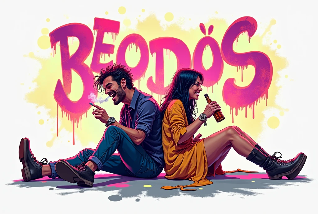 generate a neon style graffiti with a man sitting on the floor laughing smoking a cigarette next to a laughing woman sitting on the floor drinking a bottle of whiskey, back to back, texas "BEODOS"