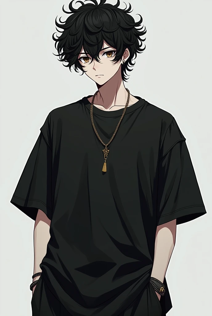 black very curly hair brown eye color height 1.73 skin color white black oversize t-shirt under baggy pants anime man