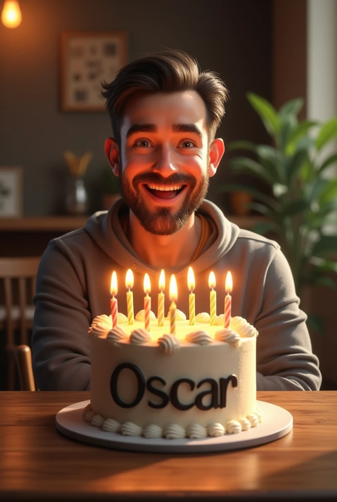 (photorealism:1.2), man celebrating his birthday with a cake and the name Oscar table