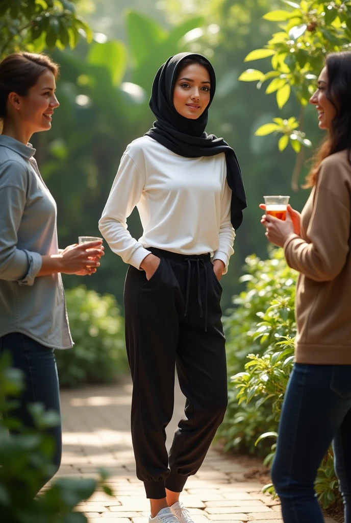 with black headscarf, white long sleeve t shirt, black sweatpants, white socks, without shoes, Sexy woman talking to her friends in the garden. 