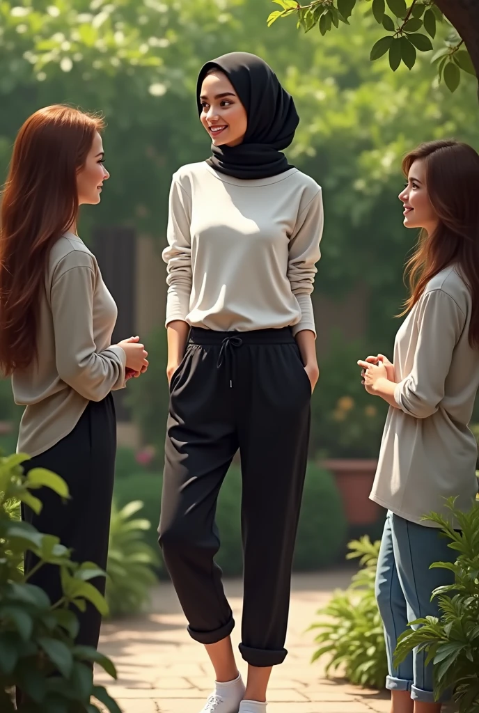 with black headscarf, white long sleeve t shirt, black sweatpants, white socks, without shoes, Sexy woman talking to her friends in the garden.