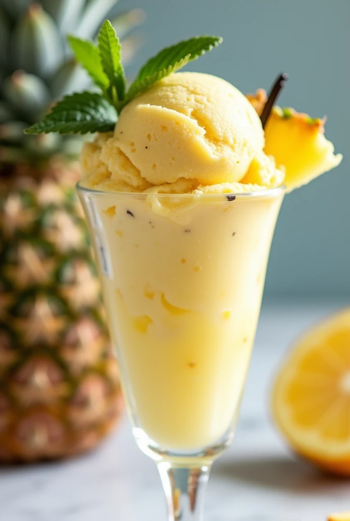 A creamy pineapple-flavored ice cream in a glass cup 