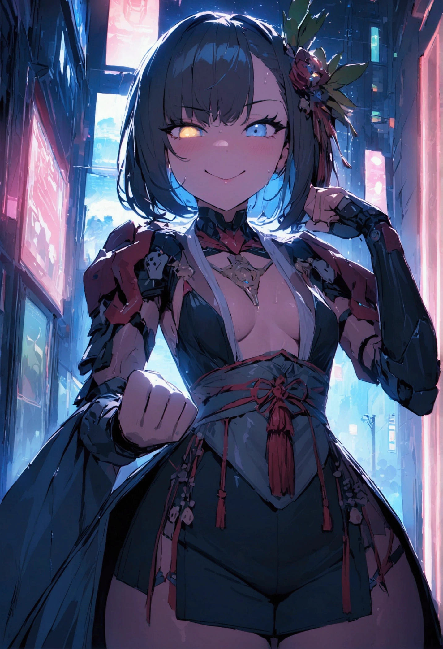 (best quality), (ultrafein), (masterpiece), Illustration, a girl,Kimono-Costume,cyberpunk, (cyberpunk,Kimono-Costume,Cybernetic implants),Hair Accessories, bright colours,(open small breasts, smiling and winking, pressing her fist together towards the viewer), dynamic lighting,neon lights,shining city skyline,holographic projection,Fashionable clothing of the future,a mix of traditional and modern elements,Avantgardistisches Make-up,exquisite hairstyle,Self-confidence and determination,Urban environment,Heavy rain,Reflection on wet road,Metall Textur,Mechanical Armor, gorgeous accessories,High-Tech-Gadgets,Impressive cybernetic improvements,Clear focus,Grumpy Details, Overclocked rendering, Cinematic edge light, fine light, masterpiece, super Details, epic work, Ultra-High-Definition, good quality, 32K