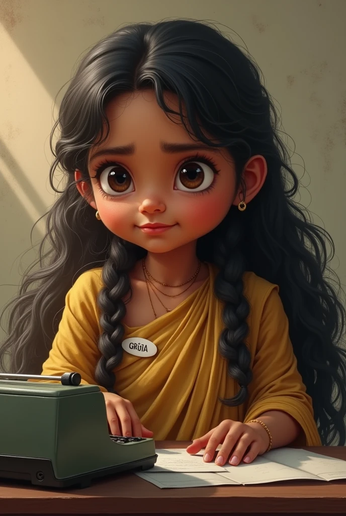 A tamilnadu short girl in type writing class with knit very long hair
.wear top with shale .medium eyes,skin tone dusky,belly fat chubby,that girl is girija on badge oval face,
