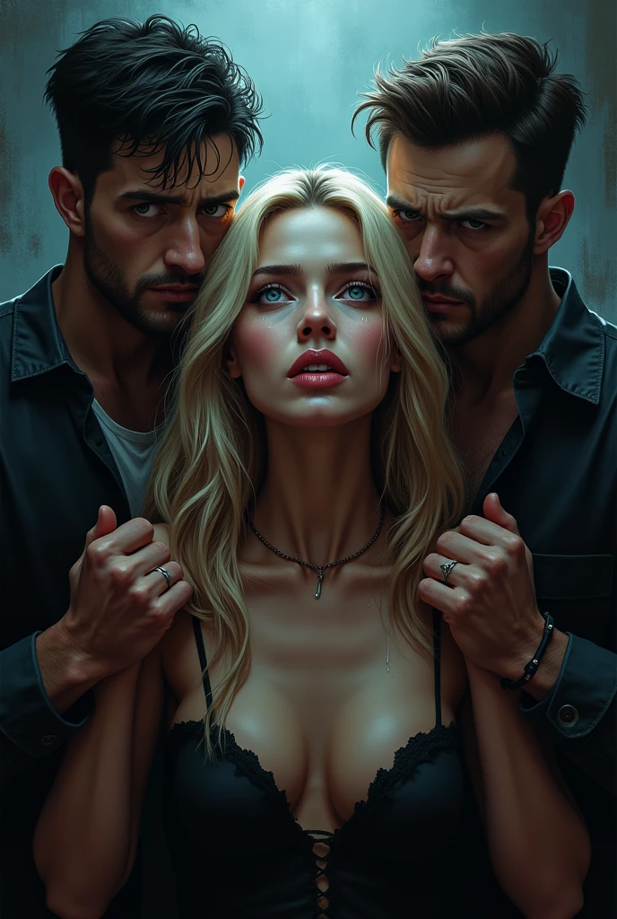 Piekna dziewczyne w bląd dluguch wlosach i blekitnych oczach. Behind her stands a guy who holds her hands tightly from behind.. And the other guy is standing in front of her, he puts the blade of the knife to her throat.. The girl's face shows tears and fear.
