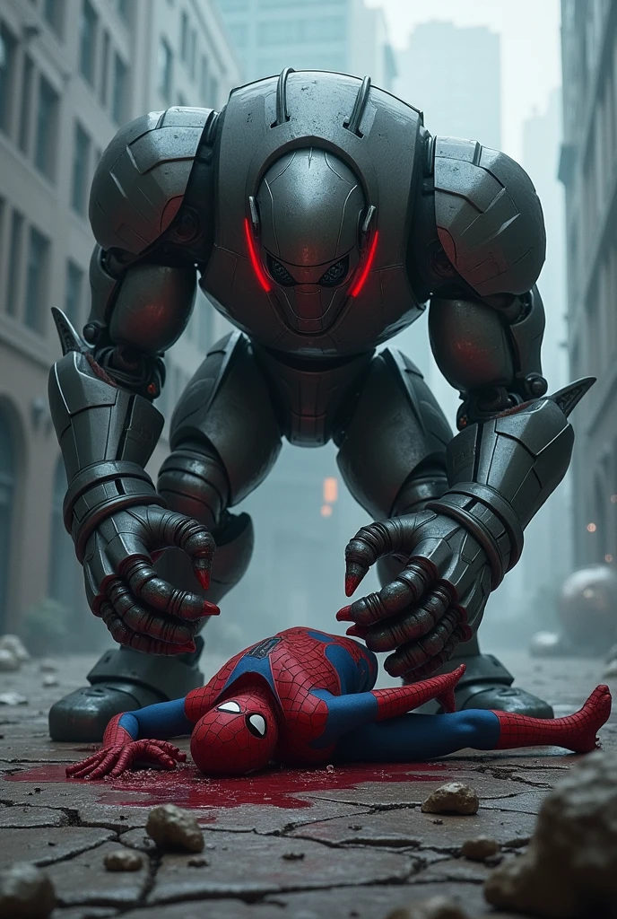 Create a dark and intense scene where the robot has pinned Spider-Man to the ground, pressing its heavy metallic foot down on Spider-Man's head. Spider-Man's mask is partially torn, and blood is visible, seeping from beneath the foot. His body is limp, showing the immense pressure being applied. The robot's design remains consistent: towering, with bulky metallic gray armor, glowing red accents, and sharp-edged limbs. The robot's glowing red eyes glare down at Spider-Man with a cold, merciless expression. The background is a cracked, debris-strewn ground under a stormy sky, enhancing the scene's brutality and tension."