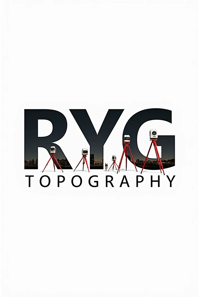 A logo that says RYG TOPOGRAPHY in capital letters and that has topographic equipment (tripod, enough, rtk) included in the letters and that has the colors white, black and red.