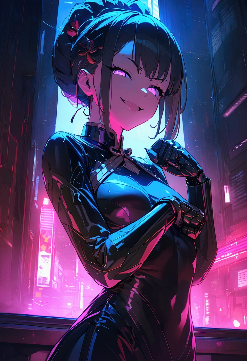 (best quality), (ultrafein), (masterpiece), Illustration, a girl,China-Costume,cyberpunk, (cyberpunk,China-Costume,Cybernetic implants),Hair Accessories, bright colours,(open small breasts, smiling and winking, pressing her fist together towards the viewer), dynamic lighting,neon lights,shining city skyline,holographic projection,Fashionable clothing of the future,a mix of traditional and modern elements,Avantgardistisches Make-up,exquisite hairstyle,Self-confidence and determination,Urban environment,Heavy rain,Reflection on wet road,Metall Textur,Mechanical Armor, gorgeous accessories,High-Tech-Gadgets,Impressive cybernetic improvements,Clear focus,Grumpy Details, Overclocked rendering, Cinematic edge light, fine light, masterpiece, super Details, epic work, Ultra-High-Definition, good quality, 32K