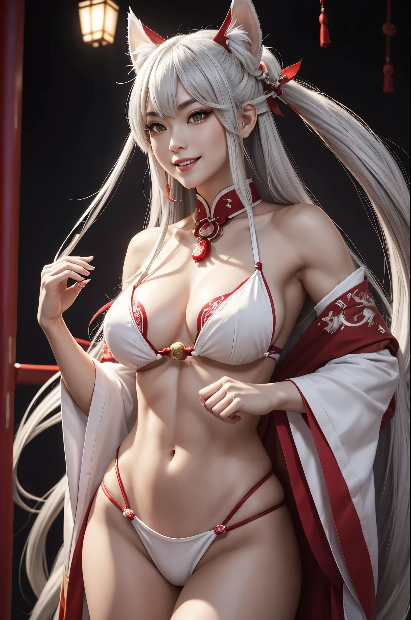 8k,超Muscular Beauty,A very aggressive adult Inugami goddess、A fearless female dog god、White dog ears,Beautiful and long gray hair、incarnation of dog god、Brave、Beautiful smile、日本のRed and white shrine maiden costume,輝くGolden Eyes、Detailed light、Dynamic action poses、Personified Queen Inugami、Beautiful and long gray hair、Super Beauty、Rich background、Golden Eyes、Big smile,Golden Eyes,Beautiful expression,Sharp and long claws、White tail、Sexy、Red sacred magatama collar、(golden precision decoration)Attractive body、Slim female muscular body、Captivate your audience、big fangs coming out of the mouth、Vermilion painted shrine,Red and white shrine maiden costume,Wide open chest,Beautiful white skin,Japanese Shrines,Japanese Shrine Maiden,White dog ears,Highest quality photorealistic RAW photos。Backlight、Cinema Lighting、Film Grain、50mm lens、Nikon D850、Ultra-Realistic Skin、Fantasy art、Character Art、Ultra-high resolution、muscular and slim body、Ultra-Realistic Skin,Perfect hands(Anatomical modeling),Makeup,Very large breasts,Muscular Beauty,Hard and strong abs,Martial Arts Posture,bulging muscles,