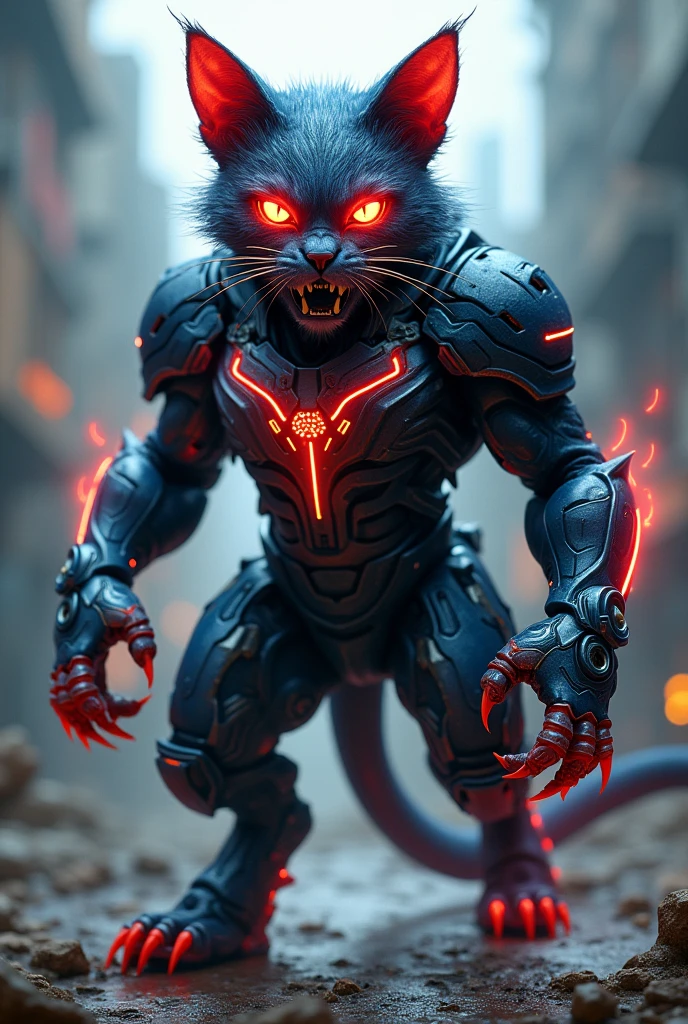 Angry red and blue cat with iron mes suit with món