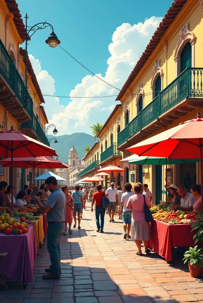 People in the city of Cartagena playing and others selling