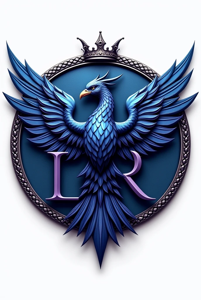 Law firm logo in metallic blue with metallic purple LR initials, Phoenix bird and queen's crown and metallic colored scales