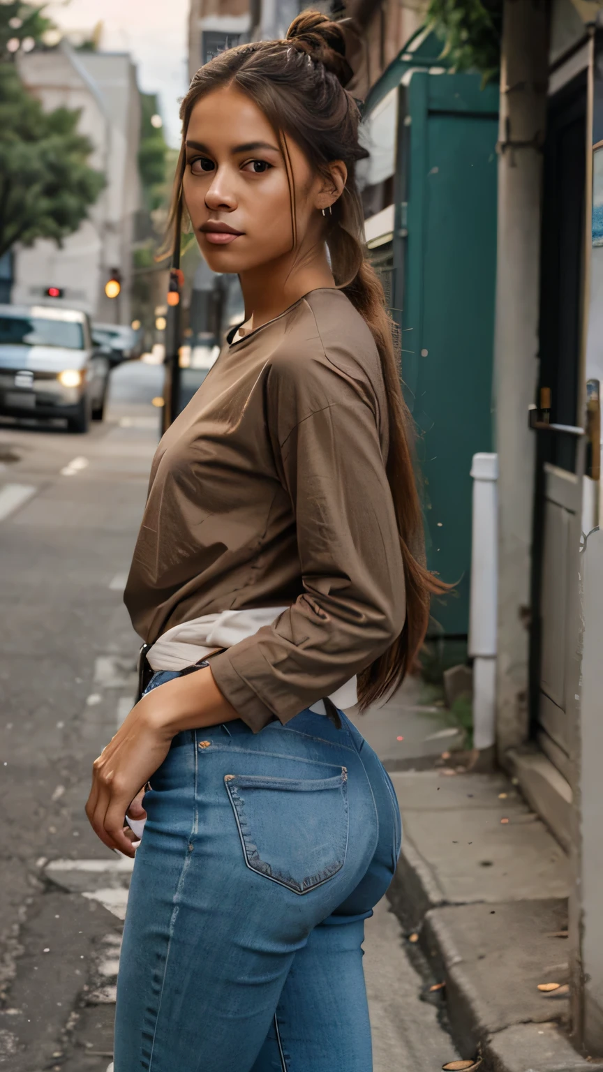 Woman with long hair, a bun, light brown skin, a shirt, and jeans, on the streets of a dangerous neighborhood.