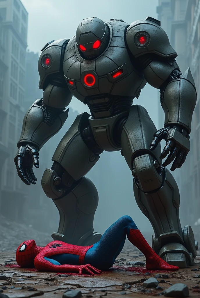 Create a dark and intense scene where the robot has pinned Spider-Man to the ground, pressing its heavy metallic foot down on Spider-Man's head. Spider-Man's mask is partially torn, and blood is visible, seeping from beneath the foot. His body is limp, showing the immense pressure being applied. The robot's design remains consistent: towering, with bulky metallic gray armor, glowing red accents, and sharp-edged limbs. The robot's glowing red eyes glare down at Spider-Man with a cold, merciless expression. The background is a cracked, debris-strewn ground under a stormy sky, enhancing the scene's brutality and tension."