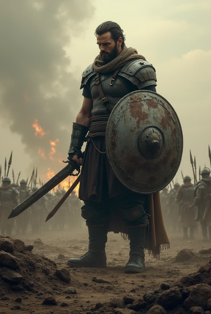 a landscape of war, a man with a broken sword and a shield, in front an army