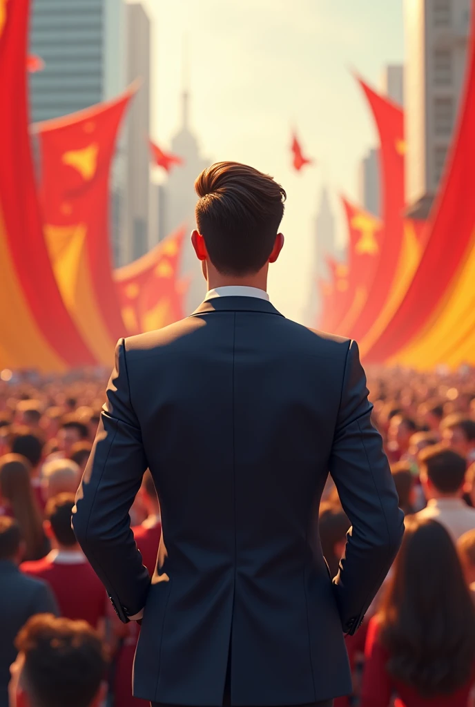 Stylish Man back pose Standing 10000 People's Celebrate For city Place background red and yellow flag stander 3d illustration create for whatsapp dp size
