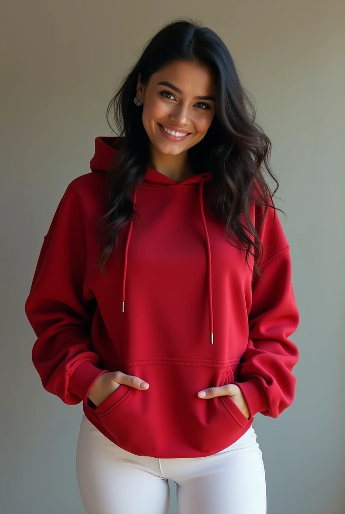 (Red and black oversize hoodie:1.1), (white half pant legs Leggings:1.2),,Wearing Clear and detailed facial features,huge cleavage,4k,,salma hayek,smiling,beautiful woman, 3, Indian female, 36 B cup breasts, attractive cute.