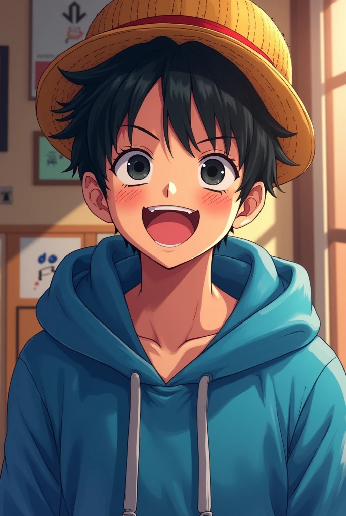 A 1 Handsome anime man  black hairs flufy and black eyes ,A hoddie blue colour laughing and background with luffy cap and gojo hand sign