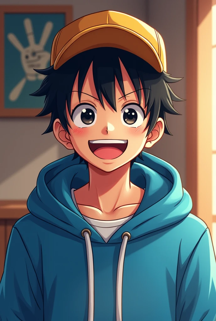 A 1 Handsome anime man black hairs flufy and black eyes ,A hoddie blue colour laughing and background with luffy cap and gojo hand sign