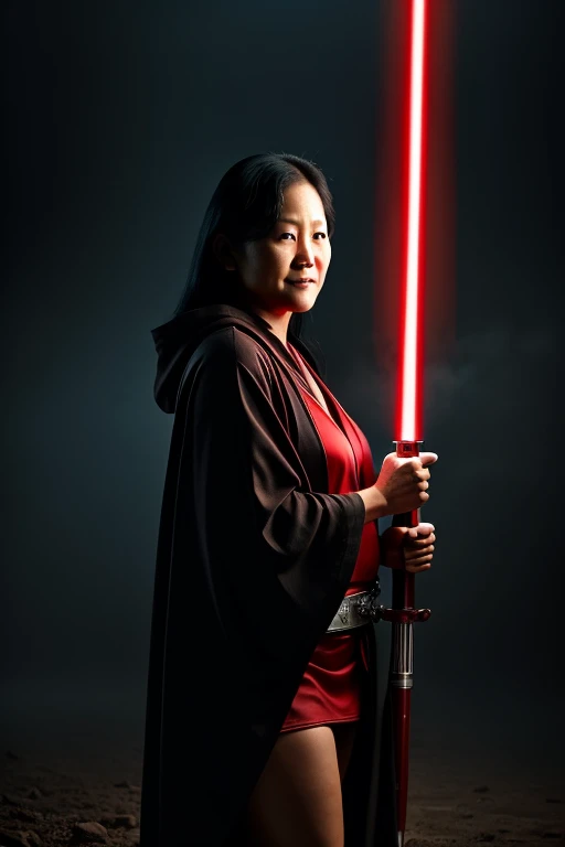 Medium shot of chubby Keiko fujimori 40 years old holding a red laser sword, wearing a Sith robe in black and red colours, with short skirts, looking at the viewer, open wide, heavily detailed, (detailed skin, scales), gritty, 8 k, photorealistic, dramatic lighting, cinematic, artstation hq, intricate, elegant, mushrooms, ferns, masterpiece misty, foggy, volumetric light, by adrian ghenie