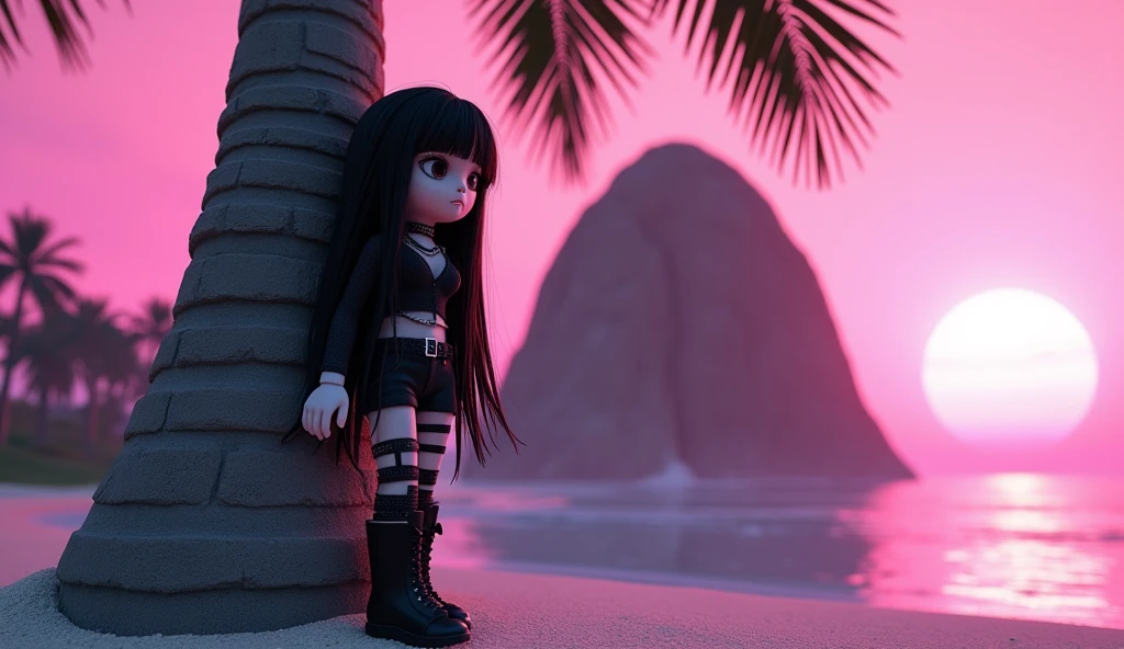 Beautiful tall square Roblox doll with long black hair, emo clothes and no lips, white skin, no mouth leaning on a palm tree, cartoon, Vice City GTA, stone mountain background on the beach with pink sky