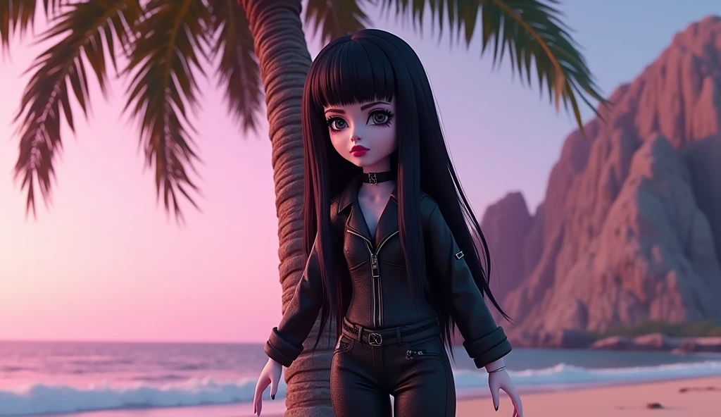 Beautiful tall square Roblox doll with long black hair, emo clothes and no lips, white skin, no mouth leaning on a palm tree, cartoon, Vice City GTA, stone mountain background on the beach with pink sky