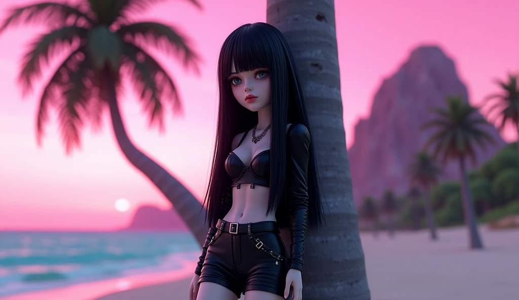 Beautiful tall square Roblox doll with long black hair, emo clothes and no lips, white skin, no mouth leaning on a palm tree, cartoon, Vice City GTA, stone mountain background on the beach with pink sky