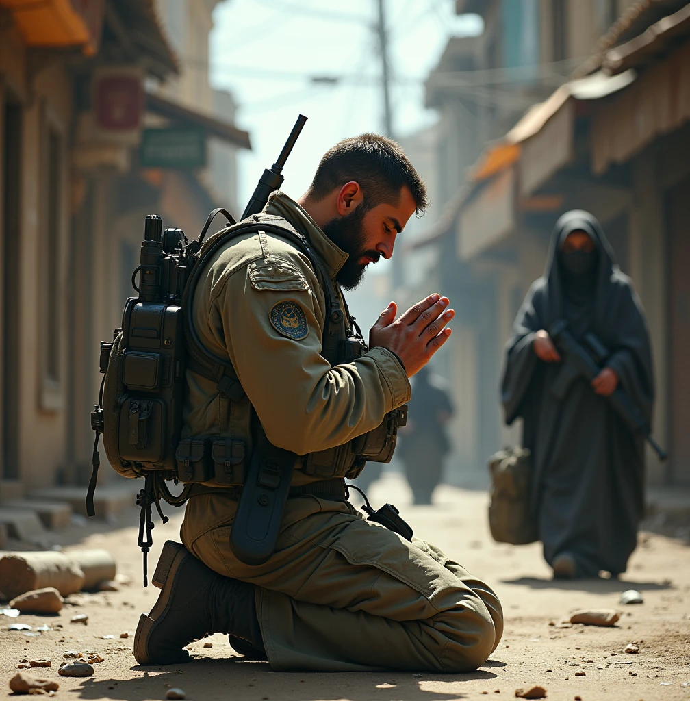 Zack, I think for back cover we’ll have soldier in gear praying with his hands together, Caucasian like Pieter, and maybe a street scene. Lady in a burqa going about her duties.