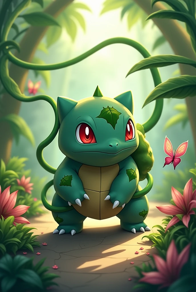 (masterpiece:1.2, Highest quality, Ultra-high resolution, Very detailed, Realistic, RAW Photos:1.2, Elaborate photos), 8k, wallpaper, (Ray Tracing), (Bulbasaur standing in the middle of a lush botanical garden, surrounded by exotic flowers and plants), (Sunlight filtering through large leaves, creating dappled shadows on the ground, vibrant blooms around), (Bulbasaur’s bulb glowing softly, vines and leaves unfurling as it uses Vine Whip, butterflies fluttering nearby), A photo that showcases Bulbasaur’s connection with nature, filled with vibrant greens, soft lighting, and a serene, magical atmosphere. Ultra realistic.