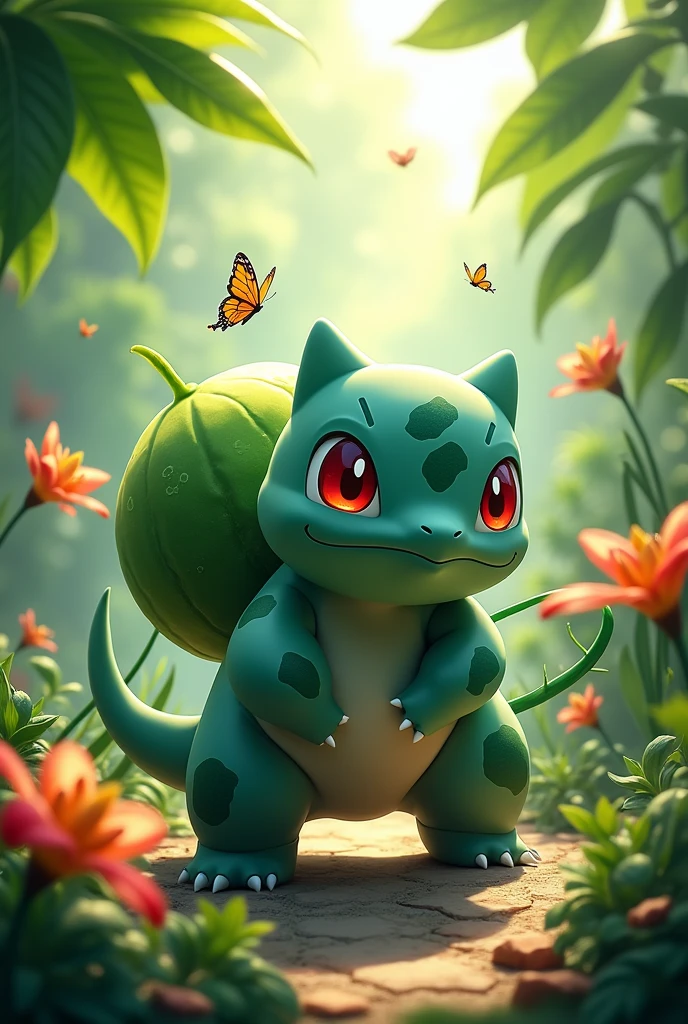 (masterpiece:1.2, Highest quality, Ultra-high resolution, Very detailed, Realistic, RAW Photos:1.2, Elaborate photos), 8k, wallpaper, (Ray Tracing), (Bulbasaur standing in the middle of a lush botanical garden, surrounded by exotic flowers and plants), (Sunlight filtering through large leaves, creating dappled shadows on the ground, vibrant blooms around), (Bulbasaur’s bulb glowing softly, vines and leaves unfurling as it uses Vine Whip, butterflies fluttering nearby), A photo that showcases Bulbasaur’s connection with nature, filled with vibrant greens, soft lighting, and a serene, magical atmosphere. Ultra realistic.