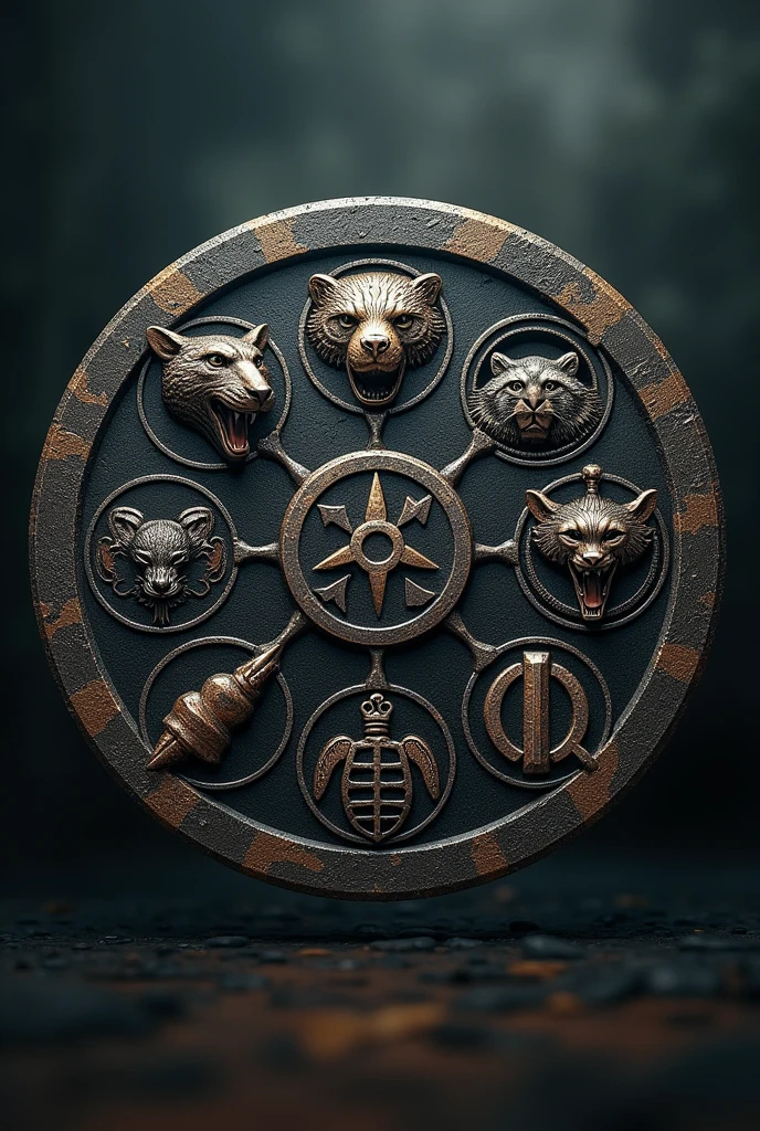 An Iron Circle, divided into 7 equal parts and engraved on each part: the symbol of a Scarlet Macaw, the symbol of a jaguar, the symbol of a Raccoon, the symbol of a white labrador, the symbol of a black labrador, the symbol of a sea turtle and the symbol of a brown bear