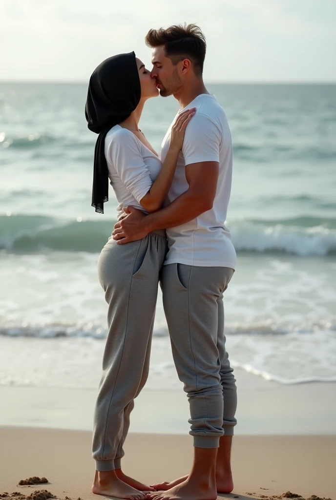 Black headscarf on the beach, white long sleeve t shirt, barefoot, grey sweatpants, skinny sexy woman. Man kissing woman