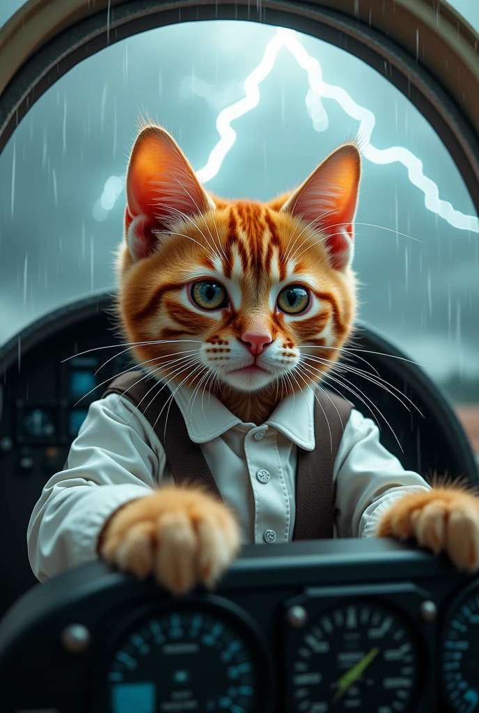 Cute close-up photo of an orange pilot cat., Cockpit,Cat piloting the plane,white dress,lightning,rain,Serious expression