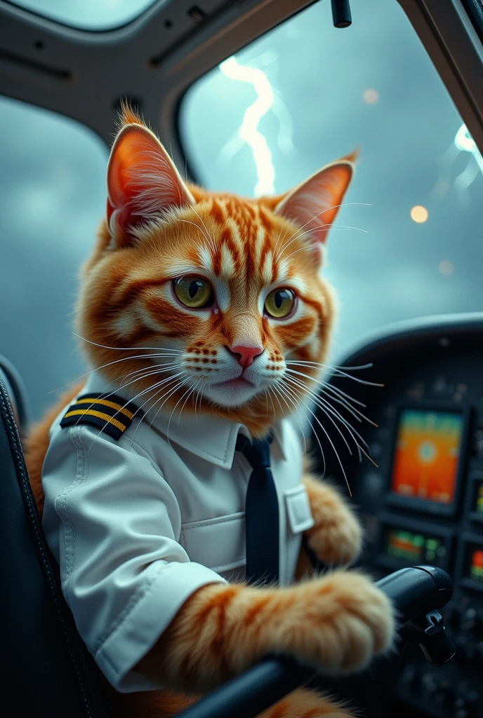 Cute close-up photo of an orange pilot cat., Cockpit,Cat piloting the plane,white dress,lightning,rain,Serious expression