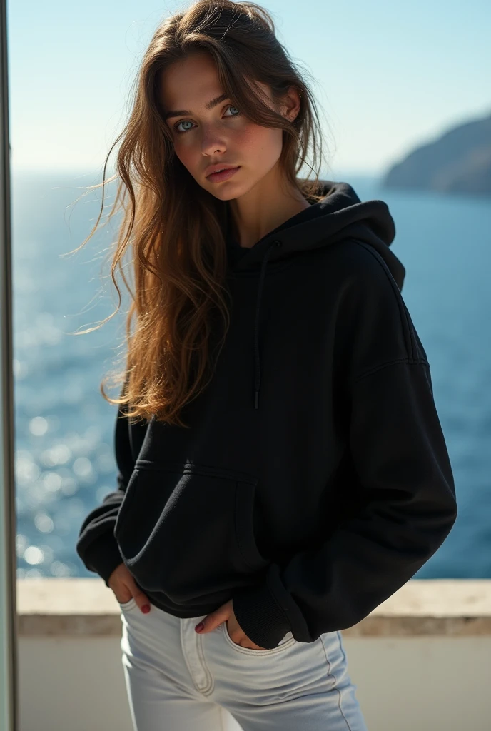 beautiful European girl with blue eyes and brown hair, she is in her most vulnerable, submissive position, she is wearing a black hoodie, she is wearing white sneakers and white jeans, ultra High resolution, (fotorrealista: 1. 4), High resolution, (finely detailed skin), (blue eyes), (perfect proportions) (realistic photos) (masterpiece) (fotorrealista), ultra-realistic (Best quality) (detailed) photographed with a Canon EOS R5, 50mm lens, f/2.8, (8k) (Wallpaper) (cinematic lighting) (dramatic lighting) (complex) fashion, behind her there's a very clear view of the sea because it's a villa overlooking the sea. The view of the sea is as clear as the view of the woman.